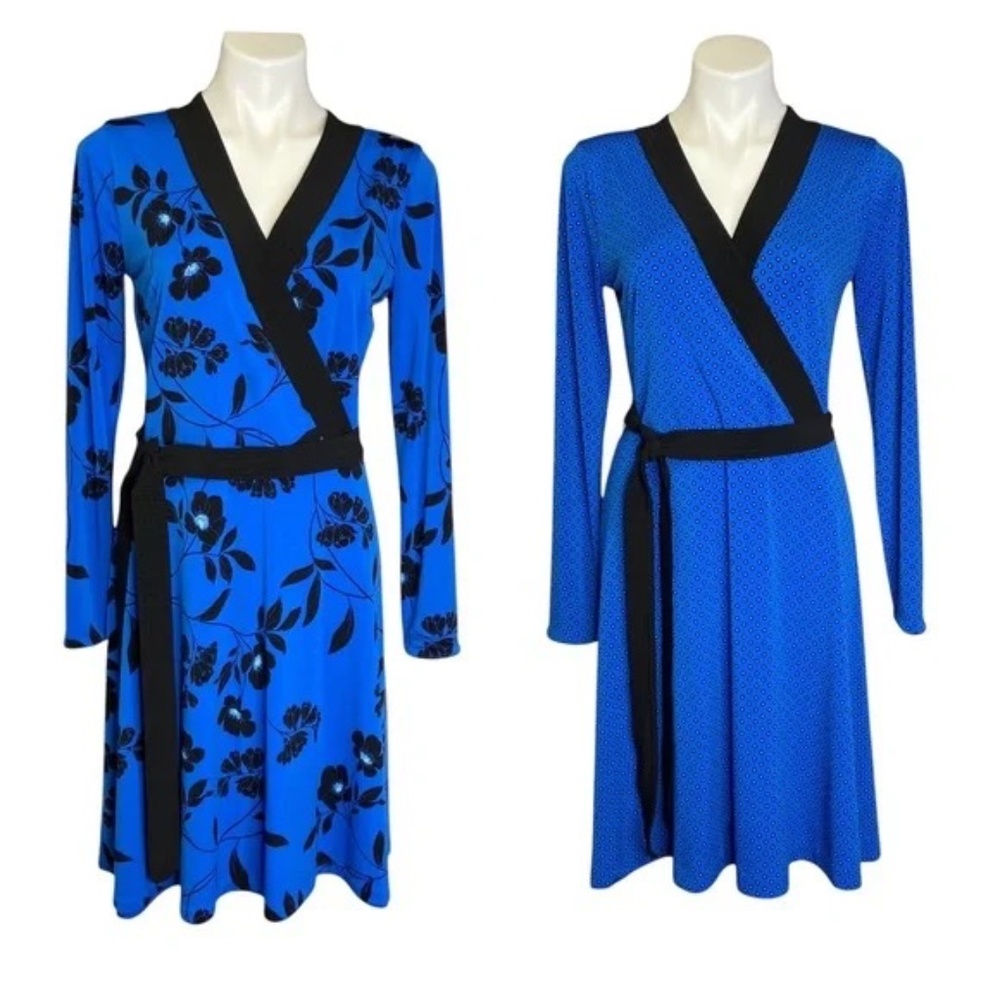 WHBM Blue Floral Faux Wrap Dress Reversible Long Sleeve Size 00 NWOT